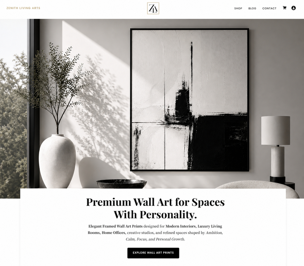 zenith living arts wall art ecommerce web design featuring premium framed prints in a minimalist online art store